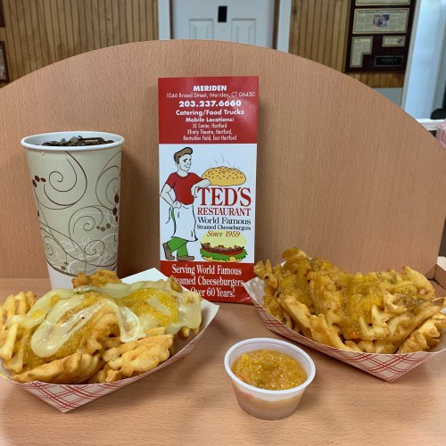 A plate of waffle fries topped with cheese and chili, alongside a cup of soda and a menu from Ted's Restaurant.