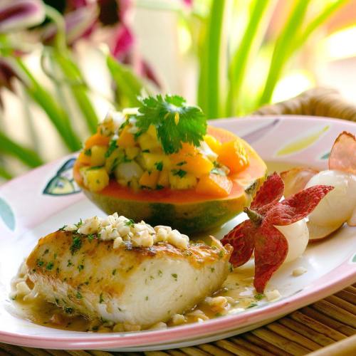 A plate featuring grilled fish with herbs, served alongside a papaya filled with mango salsa and garnished with herbs.