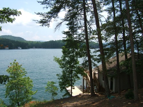 A serene lake view surrounded by trees, with a wooden dock extending into the water and a house nearby.