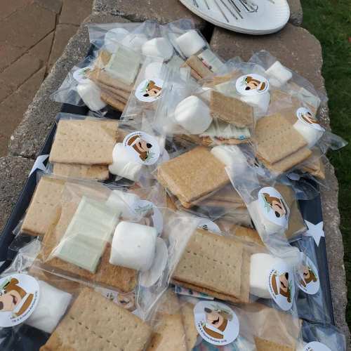 A tray of individually packaged s'mores kits with graham crackers, marshmallows, and chocolate.