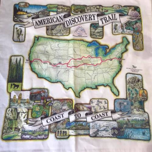 Illustration of the American Discovery Trail map with scenic images and text "Coast to Coast" surrounding it.