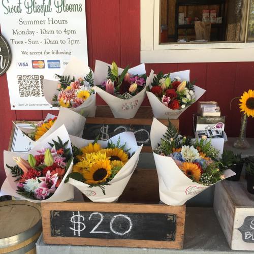 Colorful flower bouquets in white paper wraps displayed in wooden boxes, priced at $20 each, outside a shop.