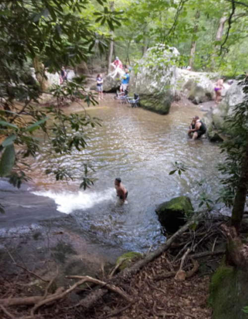 A serene natural setting with people enjoying a shallow stream surrounded by rocks and greenery.