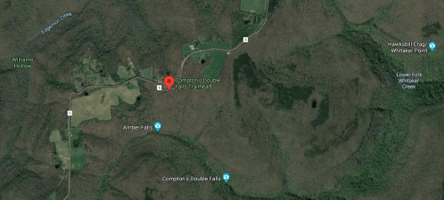 Map view showing Compton's Double Falls Trailhead and surrounding wooded areas with nearby creeks and trails.