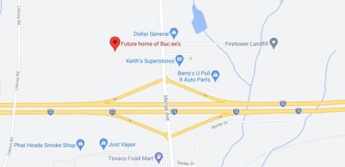 Map showing the future location of Buc-ee's near I-10, with nearby businesses and landmarks marked.