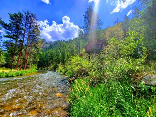 A serene river flows beside lush greenery and trees, with a wooden structure nestled on a hillside under a bright blue sky.