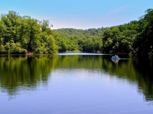 A serene lake surrounded by lush green trees, with a small boat gently gliding across the calm water.