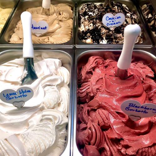 A display of various gelato flavors, including hazelnut, lemon-melon sorbet, cookies and cream, and blackberry sorbet.