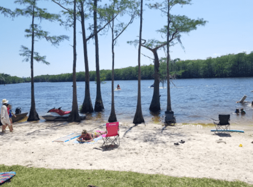 A sunny beach scene with people relaxing, jet skis, and trees by the water's edge.