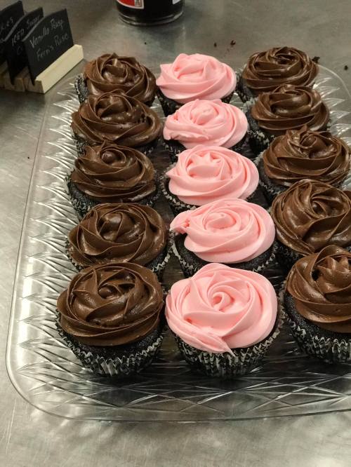 A tray of cupcakes with chocolate and pink rose-shaped frosting, arranged in two rows.