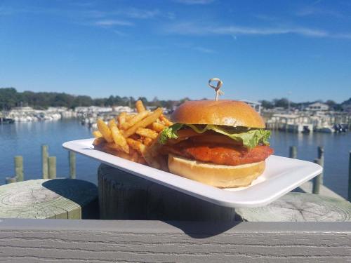 A delicious burger with lettuce and sauce, served with crispy fries, against a scenic waterfront backdrop.