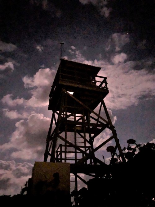 Silhouette of a tall watchtower against a night sky filled with clouds and a hint of moonlight.