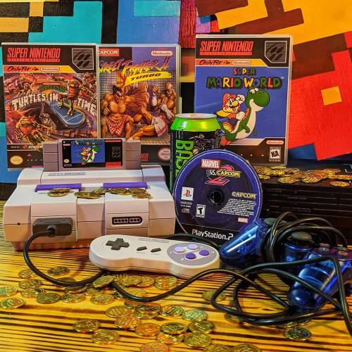 A retro gaming setup featuring a Super Nintendo, classic game cartridges, a PlayStation disc, and coins on a colorful background.