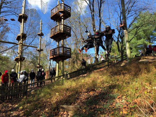 Two people ziplining through a treetop adventure course, with spectators watching from below in a wooded area.
