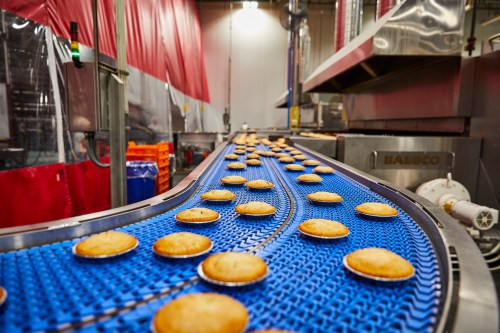 A conveyor belt with freshly baked pies moving through a production facility.