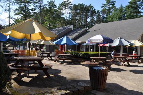Outdoor seating area with colorful umbrellas and picnic tables, surrounded by trees and buildings.