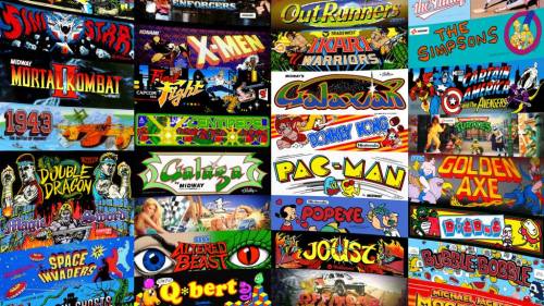 A collage of classic arcade game titles, including Pac-Man, Mortal Kombat, and Space Invaders, showcasing vibrant artwork.