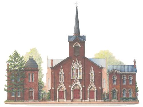 Illustration of a brick church with a tall spire, flanked by two smaller buildings and surrounded by trees.