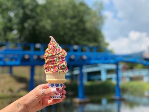 A hand holds a colorful ice cream cone topped with sprinkles, with a blue bridge and greenery in the background.