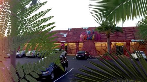A colorful building with a dragon mural, surrounded by palm trees and parked cars in a tropical setting.