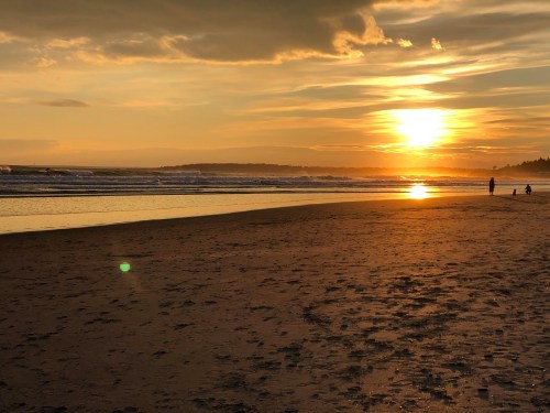 Sunset over a beach with gentle waves, silhouetted figures walking along the shore, and a warm golden sky.