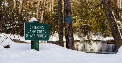 A green sign reading "Entering Camp Creek State Forest" stands in a snowy landscape near a forested area.
