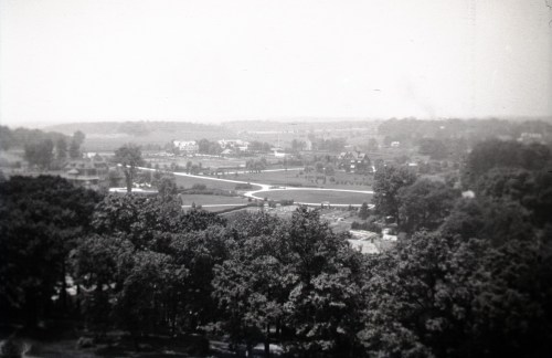 A black and white landscape view featuring trees, winding paths, and distant houses in a rural setting.