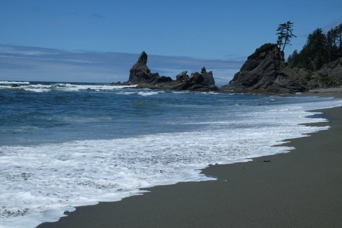 A serene beach scene with gentle waves, rocky formations, and trees under a clear blue sky.
