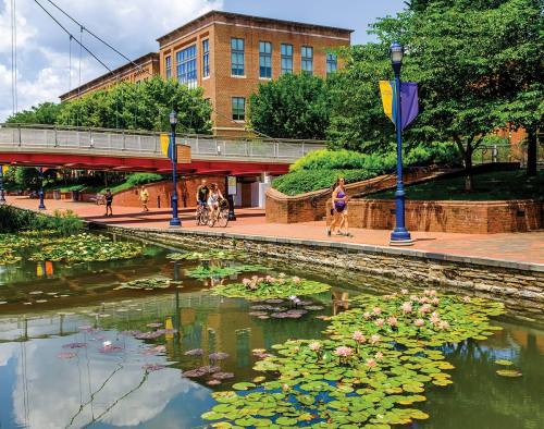 A scenic view of a park with a pond, lily pads, and people walking and biking along a path under a blue sky.