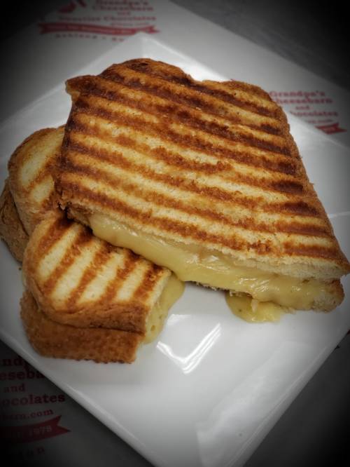 A golden-brown grilled cheese sandwich with melted cheese oozing out, served on a white plate.