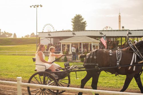 A woman and a girl ride in a horse-drawn carriage at a fair, with a crowd and amusement rides in the background.