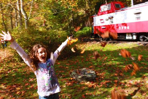 A joyful child throws leaves in the air, with a red train car and autumn foliage in the background.