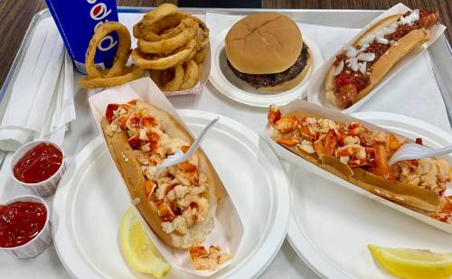 A tray with lobster rolls, a hot dog, a hamburger, onion rings, and ketchup on paper plates.