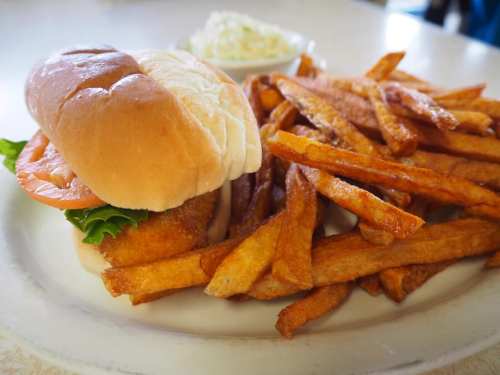 A crispy fish sandwich with lettuce and tomato, served with a side of golden French fries and coleslaw.