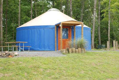 A blue and tan yurt surrounded by trees, with a wooden entrance and picnic table nearby on a grassy area.
