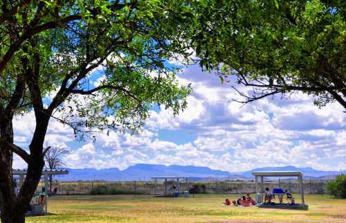 A grassy area with trees, people sitting under a shelter, and mountains in the background under a cloudy sky.