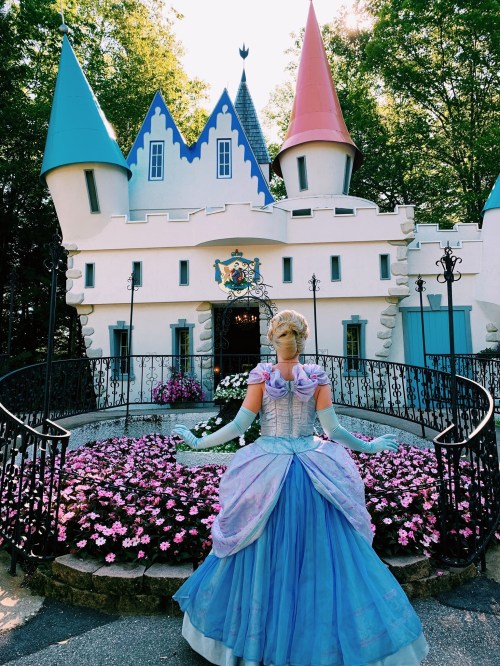 A princess in a blue gown poses in front of a whimsical castle surrounded by colorful flowers.