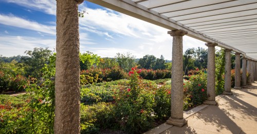 A scenic view of a garden with stone columns and vibrant flowers under a blue sky.