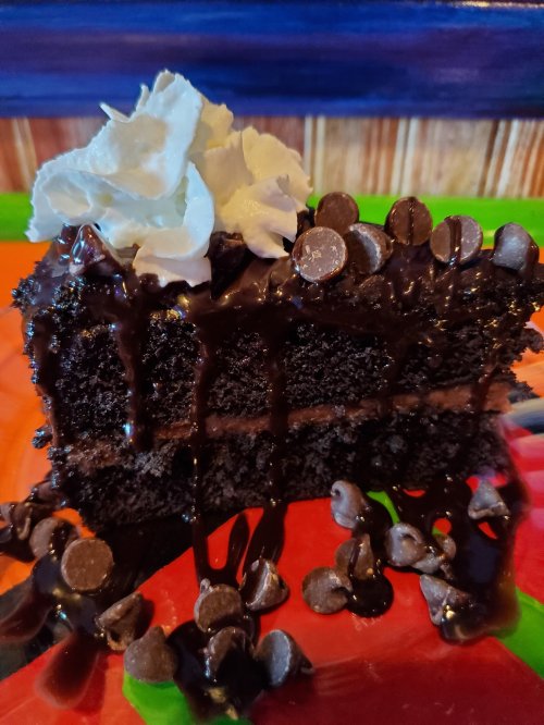 A slice of chocolate cake topped with whipped cream and chocolate chips, drizzled with chocolate sauce on a colorful plate.