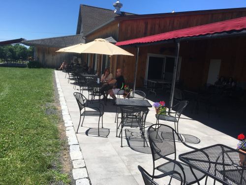 Outdoor seating area with tables and umbrellas beside a rustic building, surrounded by green grass and a clear blue sky.