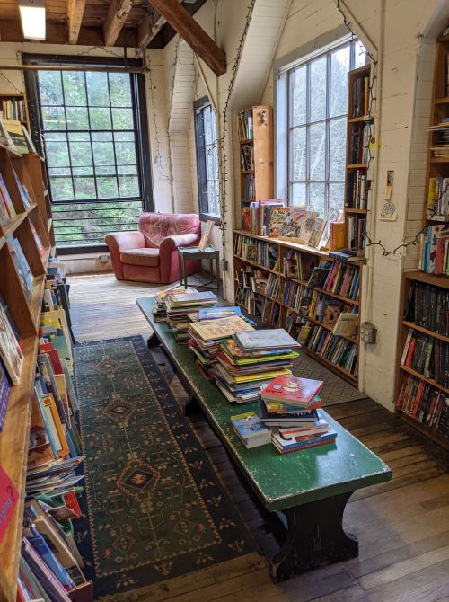 Cozy library corner with bookshelves, a green table stacked with books, and a pink armchair by large windows.
