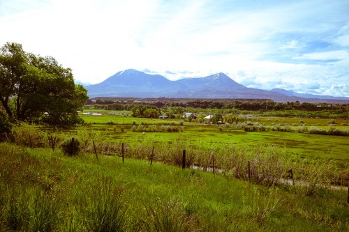 A scenic landscape featuring green fields, a fence, and snow-capped mountains under a blue sky with scattered clouds.