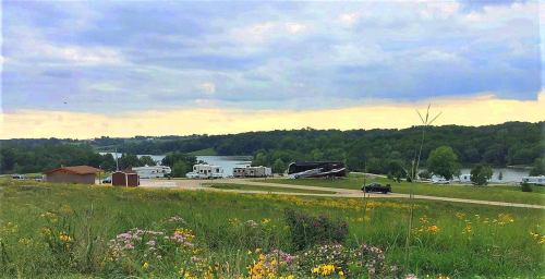 A scenic view of a campground with RVs, surrounded by green hills and a river under a cloudy sky. Wildflowers in the foreground.