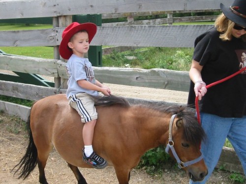 A young boy in a red hat rides a small pony while an adult leads it along a path.