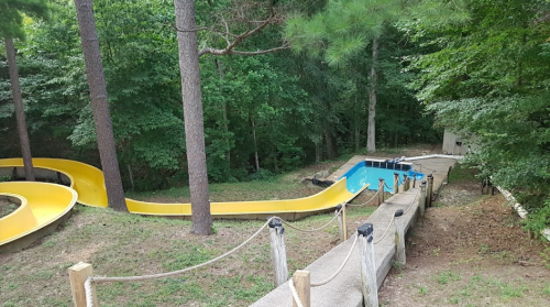 A yellow water slide curves down towards a blue pool, surrounded by trees and a grassy area.