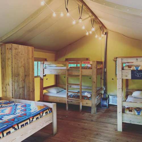Cozy interior of a cabin with wooden bunk beds, a colorful blanket, and string lights illuminating the space.