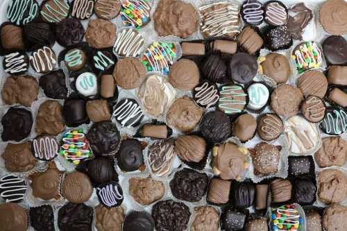 A colorful assortment of various chocolate confections arranged neatly on a tray.