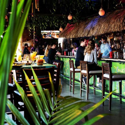 A vibrant bar scene with patrons enjoying drinks, tropical decor, and a thatched roof in a lively atmosphere.