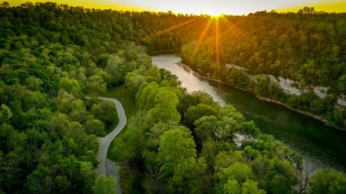 Aerial view of a winding river surrounded by lush green trees at sunset, with sunlight streaming through the foliage.
