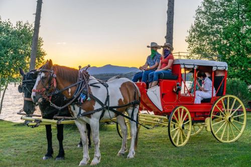 A horse-drawn carriage with two riders at sunset, surrounded by trees and a lake in the background.